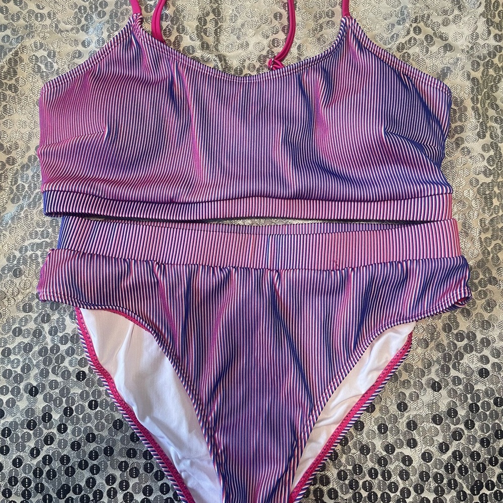 Pink and Blue Striped Bikini Set